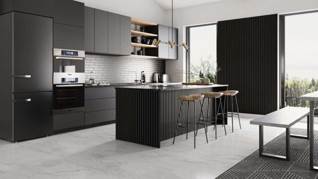 slat wall panelling dark kitchen